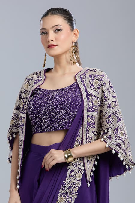 Samyukta Singhania_Purple Crepe Embroidery, Beads Round Neck, Open Blouse And Pre-draped Saree Set _at_Aza_Fashions