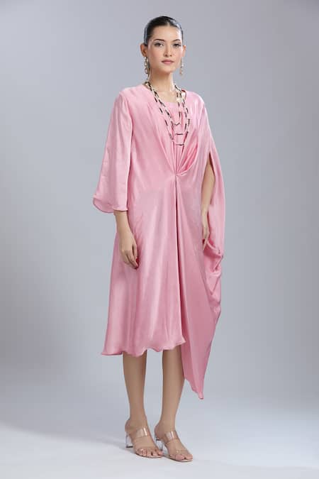 Buy_Samyukta Singhania_Pink Georgette Beads Round Neck Draped Kaftan _Online_at_Aza_Fashions