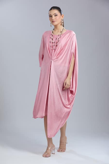 Shop_Samyukta Singhania_Pink Georgette Beads Round Neck Draped Kaftan _Online_at_Aza_Fashions