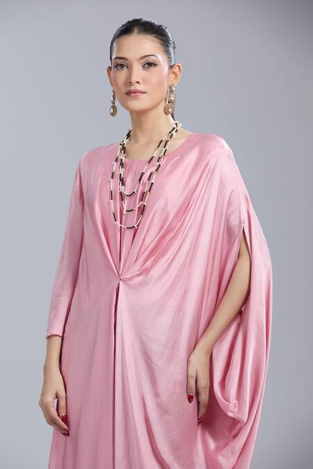 Samyukta Singhania_Pink Georgette Beads Round Neck Draped Kaftan _at_Aza_Fashions