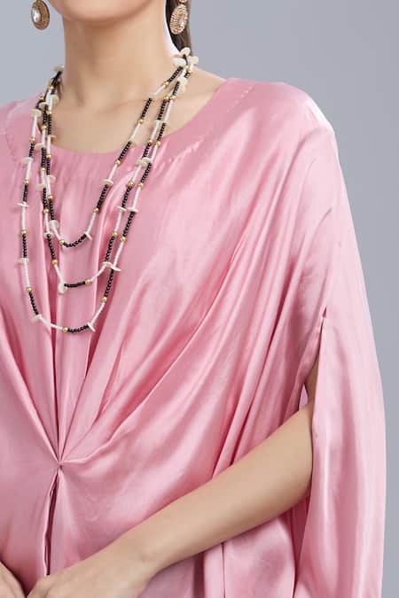 Buy_Samyukta Singhania_Pink Georgette Beads Round Neck Draped Kaftan 