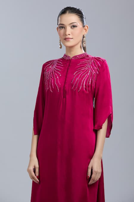 Buy_Samyukta Singhania_Pink Satin, Georgette Embroidery Mandarin Collar Tunic With Dhoti Pant _Online_at_Aza_Fashions