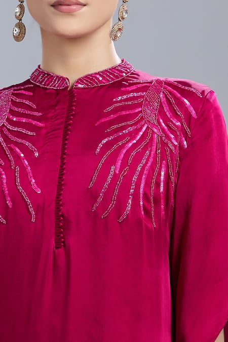 Shop_Samyukta Singhania_Pink Satin, Georgette Embroidery Mandarin Collar Tunic With Dhoti Pant _Online_at_Aza_Fashions