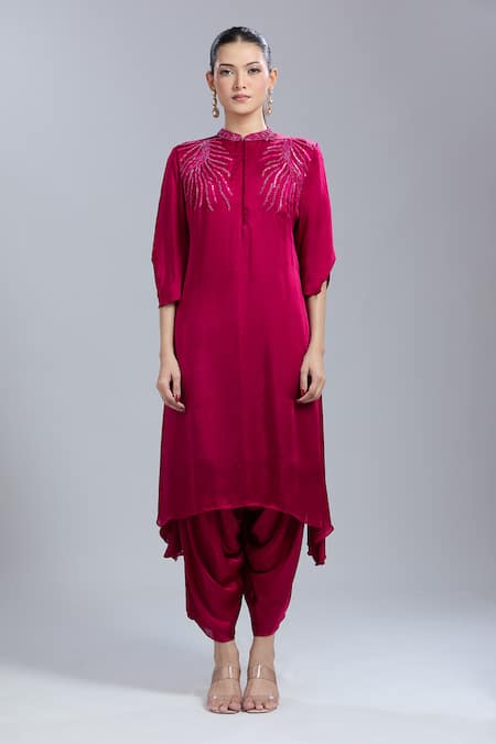 Buy_Samyukta Singhania_Pink Satin, Georgette Embroidery Mandarin Collar Tunic With Dhoti Pant 