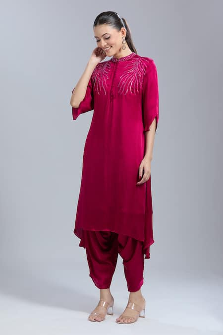 Samyukta Singhania Pink Satin, Georgette Embroidery Mandarin Collar Tunic With Dhoti Pant 