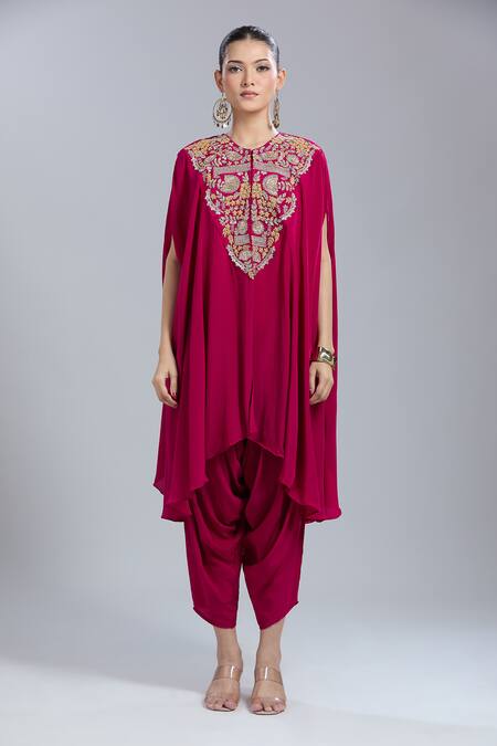 Buy_Samyukta Singhania_Pink Crepe Embroidery Round Neck Kaftan And Dhoti Pant Set _Online_at_Aza_Fashions