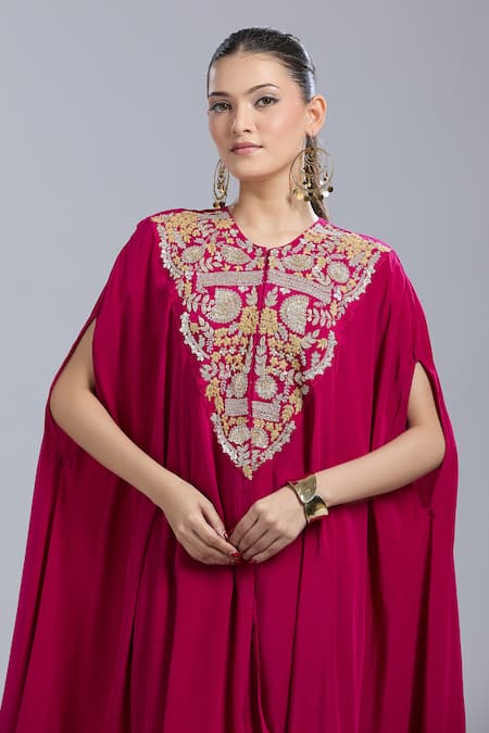 Buy_Samyukta Singhania_Pink Crepe Embroidery Round Neck Kaftan And Dhoti Pant Set 