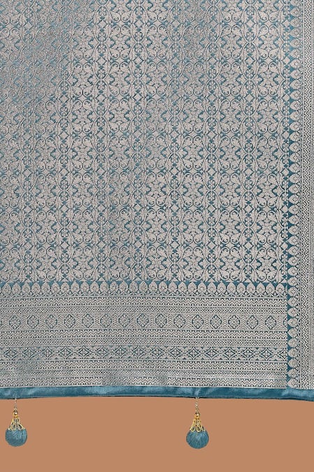 Samyukta Singhania_Blue Tassels, Zari V-neck Woven Banarasi Satin Silk Saree With Blouse _at_Aza_Fashions
