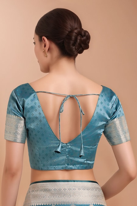 Shop_Samyukta Singhania_Blue Tassels, Zari V-neck Woven Banarasi Satin Silk Saree With Blouse 