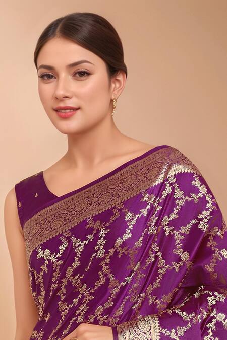 Shop_Samyukta Singhania_Purple Zari Round Neck Woven Banarasi Silk Saree With Blouse _Online_at_Aza_Fashions