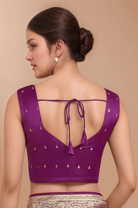 Buy_Samyukta Singhania_Purple Zari Round Neck Woven Banarasi Silk Saree With Blouse 