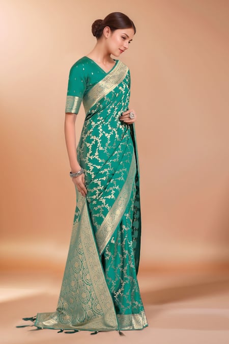 Buy_Samyukta Singhania_Turquoise Zari V-neck Woven Banarasi Saree With Blouse _Online_at_Aza_Fashions