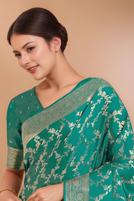 Shop_Samyukta Singhania_Turquoise Zari V-neck Woven Banarasi Saree With Blouse _Online_at_Aza_Fashions