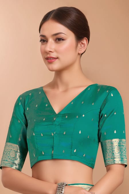 Samyukta Singhania_Turquoise Zari V-neck Woven Banarasi Saree With Blouse _at_Aza_Fashions