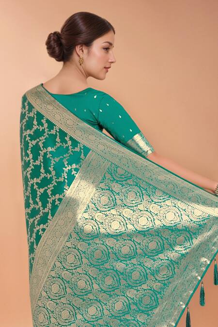 Shop_Samyukta Singhania_Turquoise Zari V-neck Woven Banarasi Saree With Blouse 
