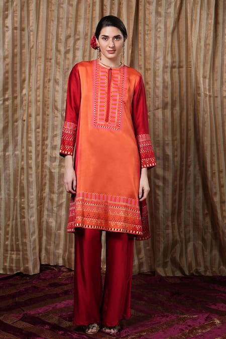Krishna Mehta Orange Embroidery Round Neck Linear Placement Print Tunic 