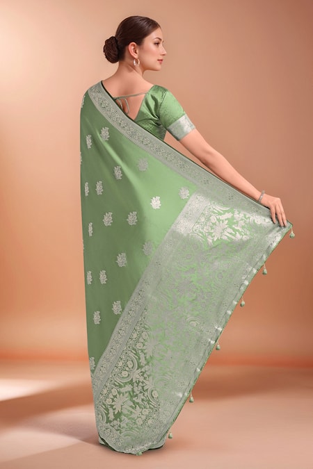Shop_Samyukta Singhania_Green Embroidery, Zari V-neck Woven Banarasi Silk Saree With Blouse _at_Aza_Fashions