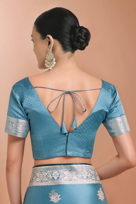 Buy_Samyukta Singhania_Blue Zari V-neck Woven Banarasi Silk Saree With Blouse