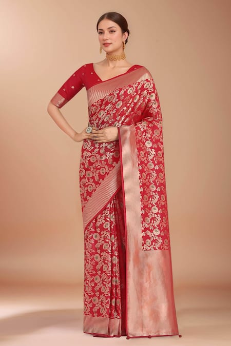 Samyukta Singhania Red Zari Woven Banarasi Silk Saree With Blouse 