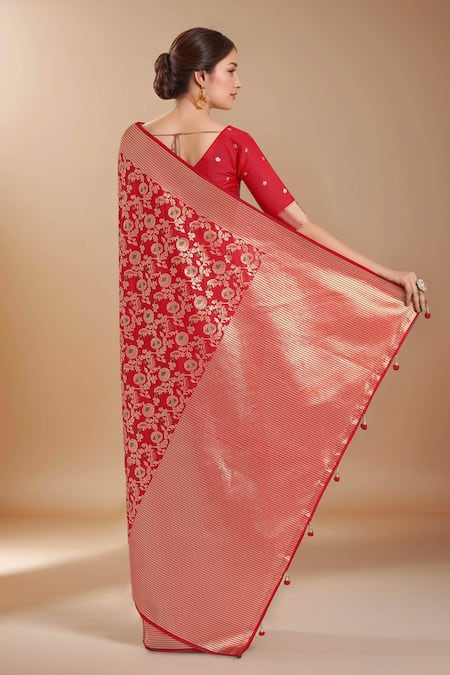 Samyukta Singhania Red Zari Woven Banarasi Silk Saree With Blouse 