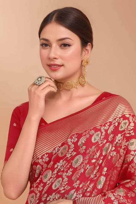 Shop_Samyukta Singhania_Red Embroidery, Zari V-neck Woven Banarasi Silk Saree With Blouse _Online_at_Aza_Fashions