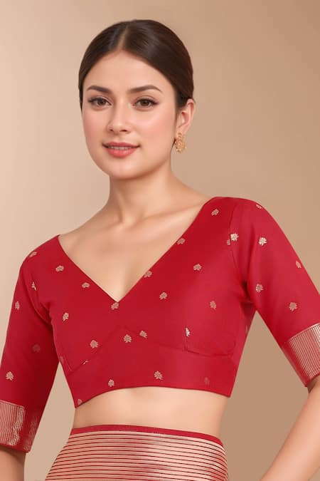 Samyukta Singhania_Red Embroidery, Zari V-neck Woven Banarasi Silk Saree With Blouse _at_Aza_Fashions