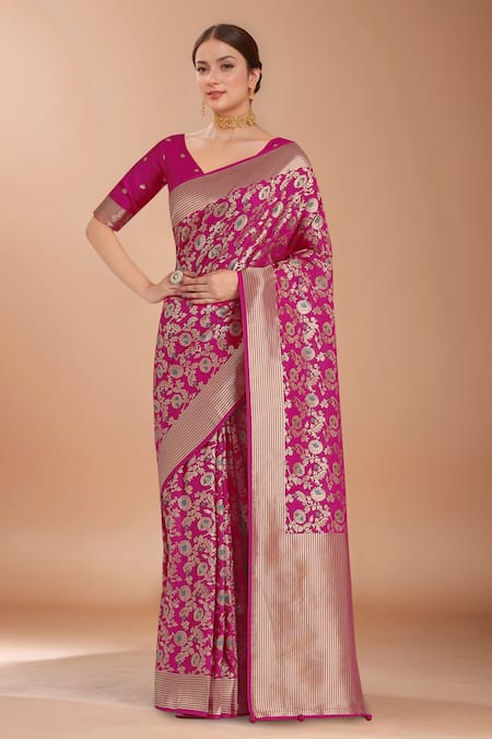 Samyukta Singhania Pink Embroidery, Zari V-neck Woven Banarasi Silk Saree With Blouse 