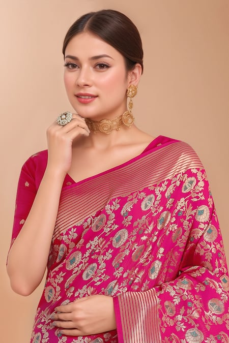 Buy_Samyukta Singhania_Pink Embroidery, Zari V-neck Woven Banarasi Silk Saree With Blouse _Online_at_Aza_Fashions