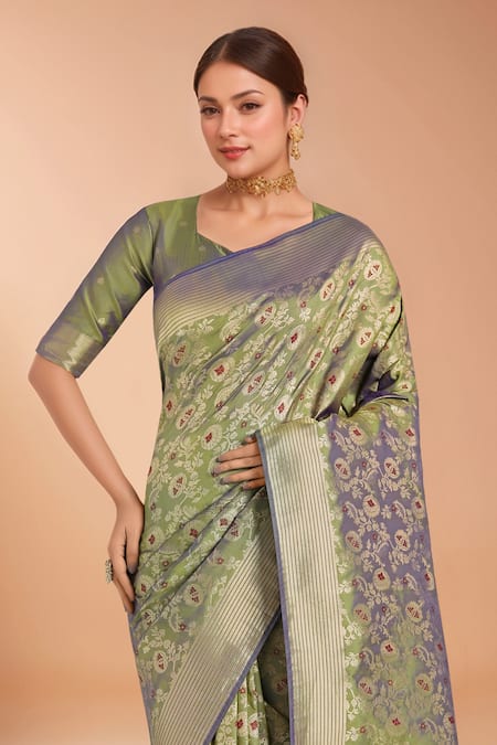 Shop_Samyukta Singhania_Green Zari V-neck Woven Banarasi Silk Saree With Blouse _Online_at_Aza_Fashions