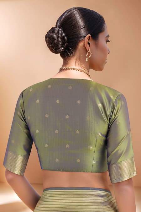 Shop_Samyukta Singhania_Green Zari V-neck Woven Banarasi Silk Saree With Blouse 