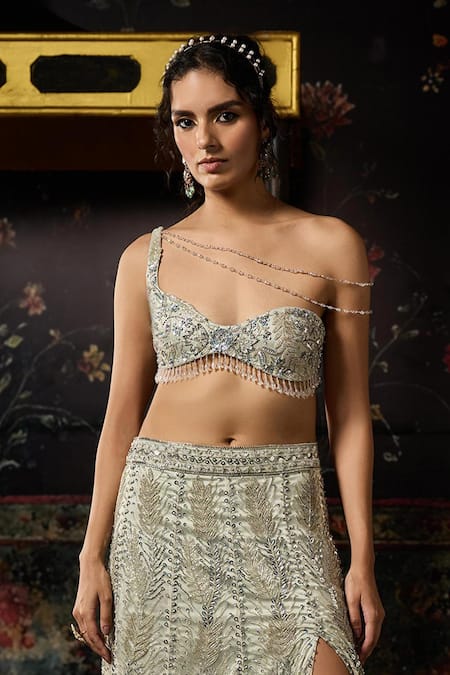 Diyarajvvir_Silver Tulle Beads Asymmetric Embellished Bustirt And Skirt Set _Online_at_Aza_Fashions