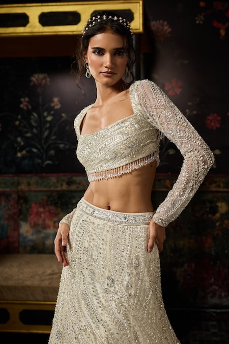 Shop Diyarajvvir Silver Tulle Beads, Sequins Square Neck Embellished Blouse With Lehenga Skirt Online at Aza Fashions Shop_Diyarajvvir_Silver Tulle Beads, Sequins Square Neck Embellished Blouse With Lehenga Skirt _Online_at_Aza_Fashions