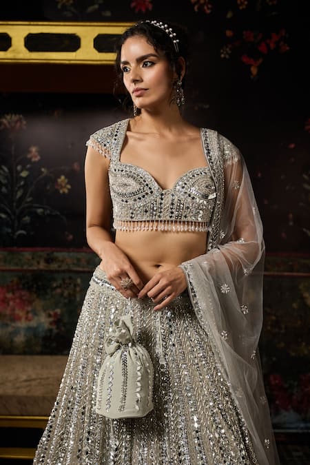 Diyarajvvir_Silver Tulle Applique, Mirrors Sweetheart Neck Work Lehenga Set _Online_at_Aza_Fashions
