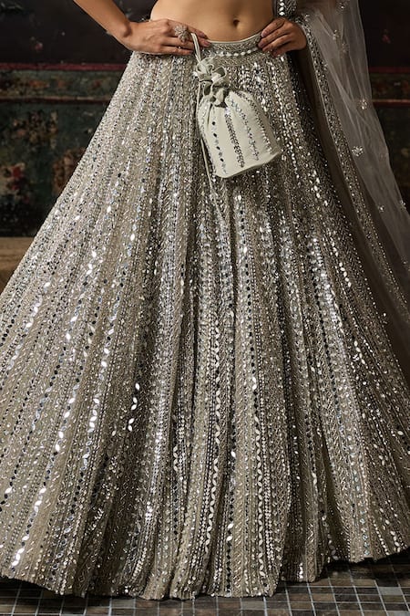 Shop_Diyarajvvir_Silver Tulle Applique, Mirrors Sweetheart Neck Work Lehenga Set _Online_at_Aza_Fashions