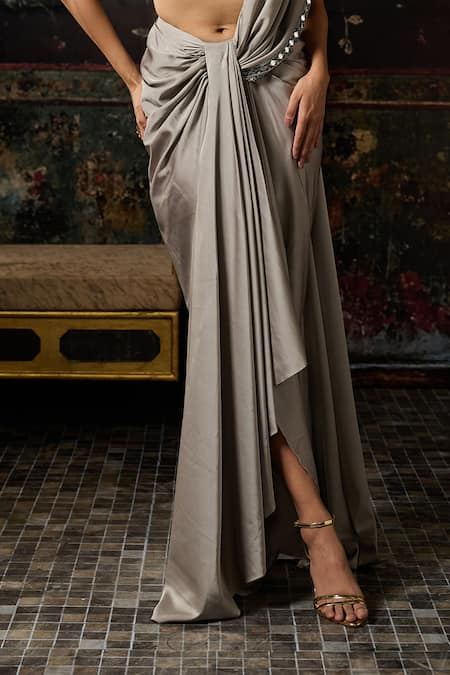 Diyarajvvir_Gray Tulle, Satin, Lycra, Shantoon Pre-draped Saree With Embellished Blouse _Online_at_Aza_Fashions