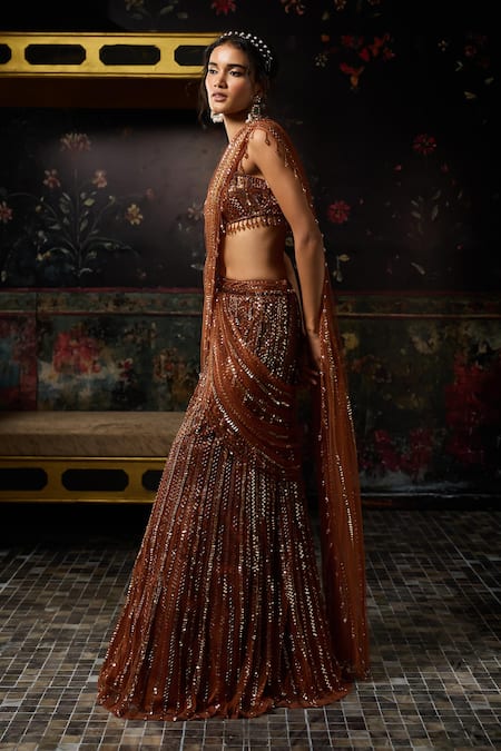 Buy_Diyarajvvir_Rust Tulle Sequins, Beads, Zari Square Embellished Pre-draped Saree With Blouse _Online_at_Aza_Fashions