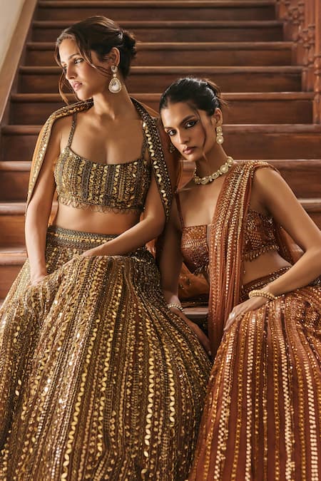 Buy_Diyarajvvir_Gold Tulle Mirrors, Sequins Round Neck Embellished Lehenga Set _Online_at_Aza_Fashions