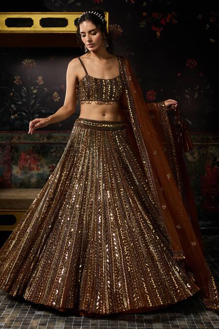 Shop_Diyarajvvir_Gold Tulle Mirrors, Sequins Round Neck Embellished Lehenga Set _Online_at_Aza_Fashions