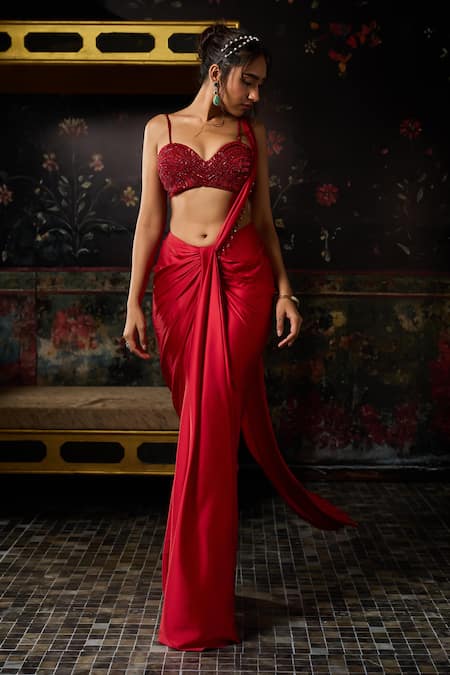 Shop Diyarajvvir Red Tulle, Satin Beads, Embroidery, Pre-draped Saree With Embellished Blouse Online at Aza Fashions Shop_Diyarajvvir_Red Tulle, Satin Beads, Embroidery, Pre-draped Saree With Embellished Blouse _Online_at_Aza_Fashions