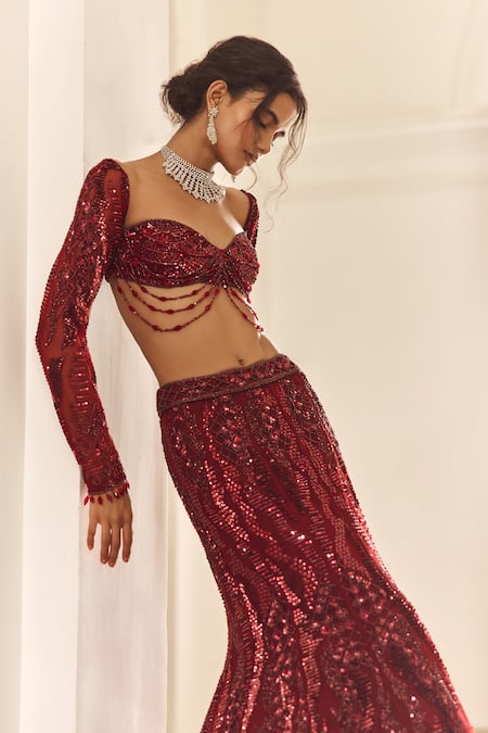 Diyarajvvir_Maroon Tulle, Satin, Lycra, Shantoon Embellished Blouse With Mermaid Lehenga _Online_at_Aza_Fashions