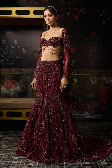Shop_Diyarajvvir_Maroon Tulle, Satin, Lycra, Shantoon Embellished Blouse With Mermaid Lehenga _Online_at_Aza_Fashions