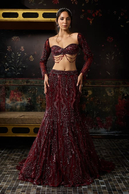 Diyarajvvir Maroon Tulle, Satin, Lycra, Shantoon Embellished Blouse With Mermaid Lehenga 