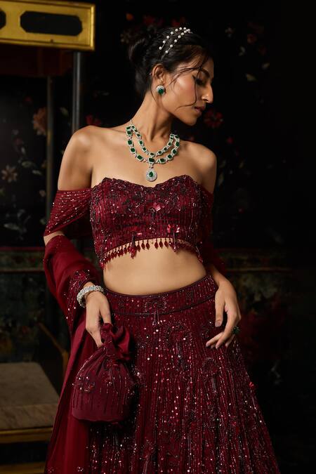 Diyarajvvir_Maroon Tulle Beads, Embroidery Off-shoulder Tonal Embellished Lehenga Set _Online_at_Aza_Fashions