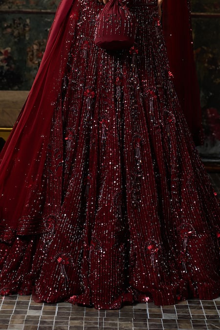 Buy_Diyarajvvir_Maroon Tulle Beads, Embroidery Off-shoulder Tonal Embellished Lehenga Set _Online_at_Aza_Fashions