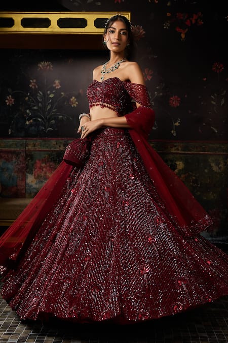 Shop_Diyarajvvir_Maroon Tulle Beads, Embroidery Off-shoulder Tonal Embellished Lehenga Set _Online_at_Aza_Fashions