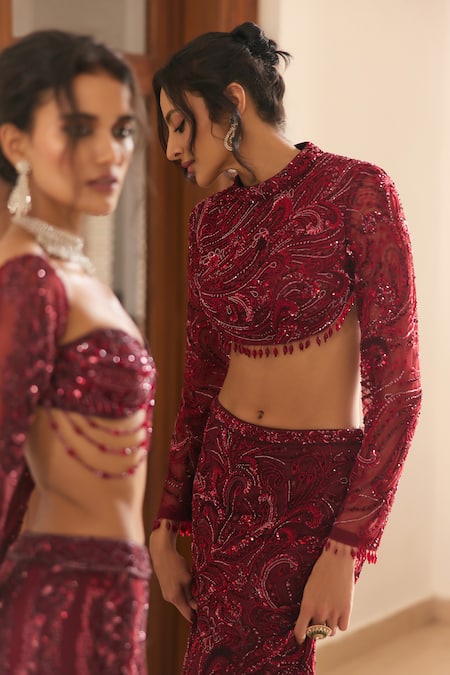 Buy_Diyarajvvir_Maroon Tulle Beads, Sequins, Embroidery Round Neck Embellished Blouse With Skirt _Online_at_Aza_Fashions