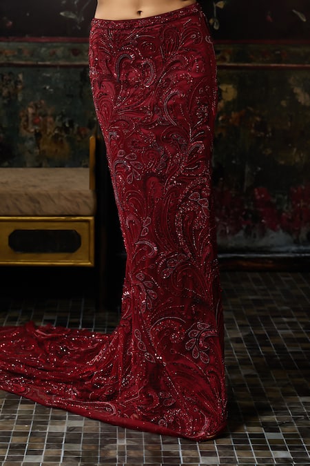Shop_Diyarajvvir_Maroon Tulle Beads, Sequins, Embroidery Round Neck Embellished Blouse With Skirt _Online_at_Aza_Fashions