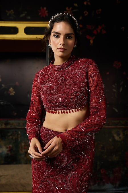 Diyarajvvir_Maroon Tulle Beads, Sequins, Embroidery Round Neck Embellished Blouse With Skirt _at_Aza_Fashions