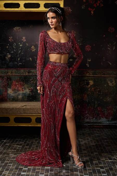 Diyarajvvir_Maroon Tulle Sequins, Beads, Embroidery Round Embellished Blouse With Slit Skirt _Online_at_Aza_Fashions