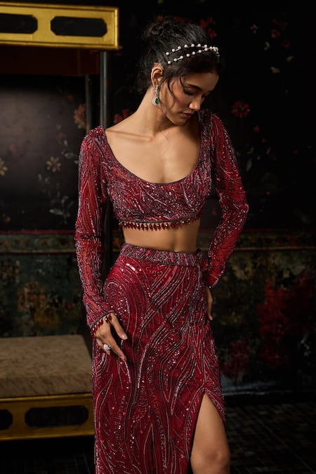 Buy_Diyarajvvir_Maroon Tulle Sequins, Beads, Embroidery Round Embellished Blouse With Slit Skirt _Online_at_Aza_Fashions